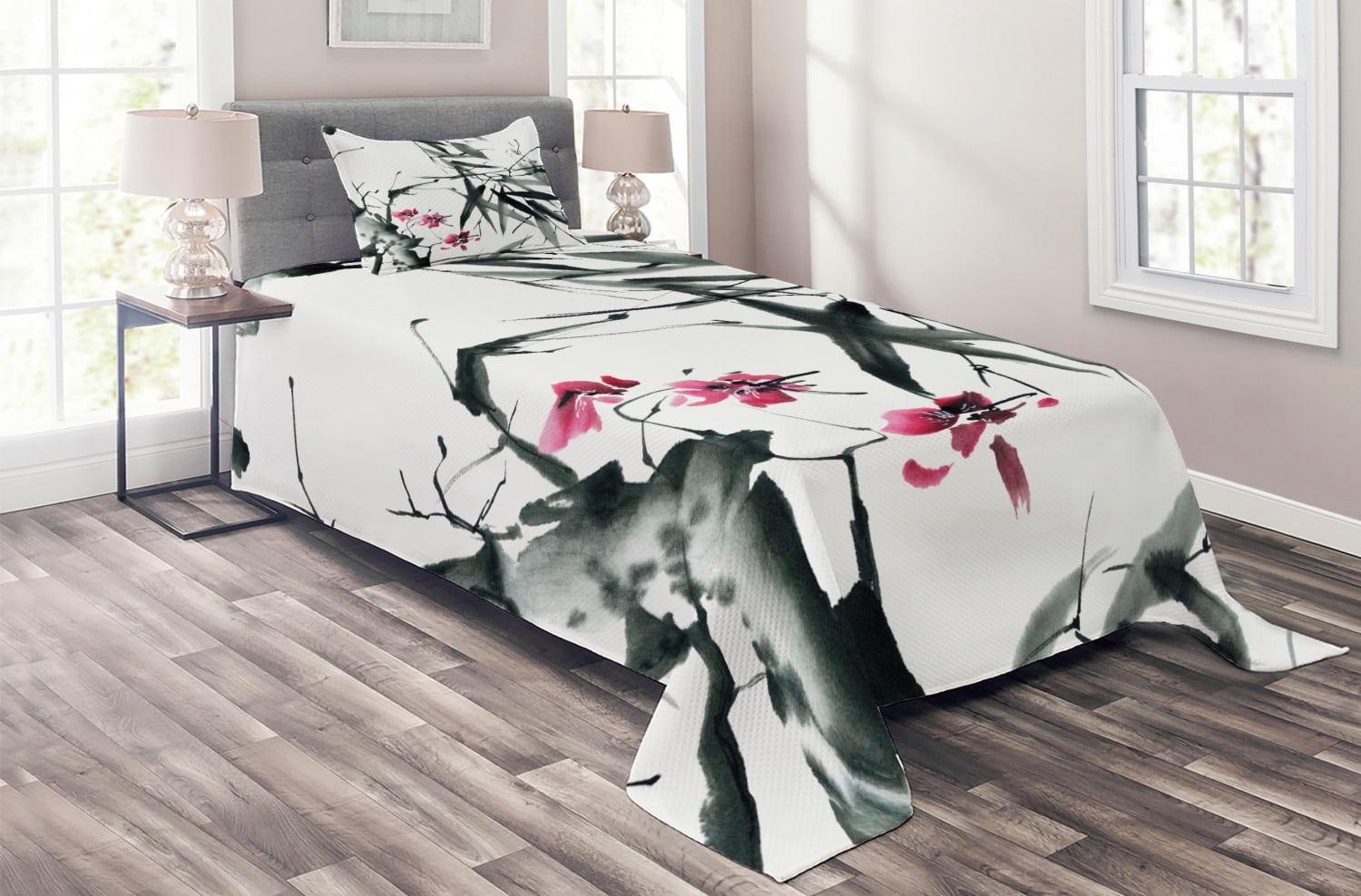 Japanese Coverlet Set Twin Size, Natural Sacred Bamboo Stems Cherry