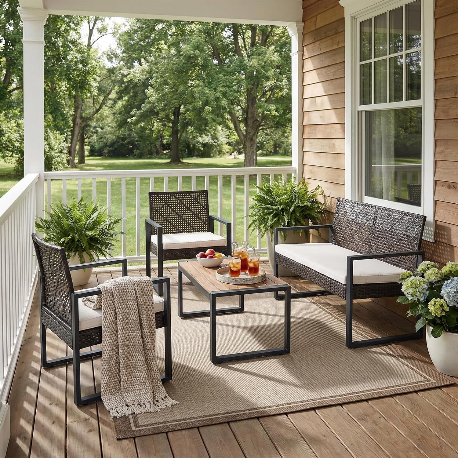 4-Piece Outdoor Patio Furniture Set, Acacia Wood Table Top, Brown Rattan with Beige Cushions