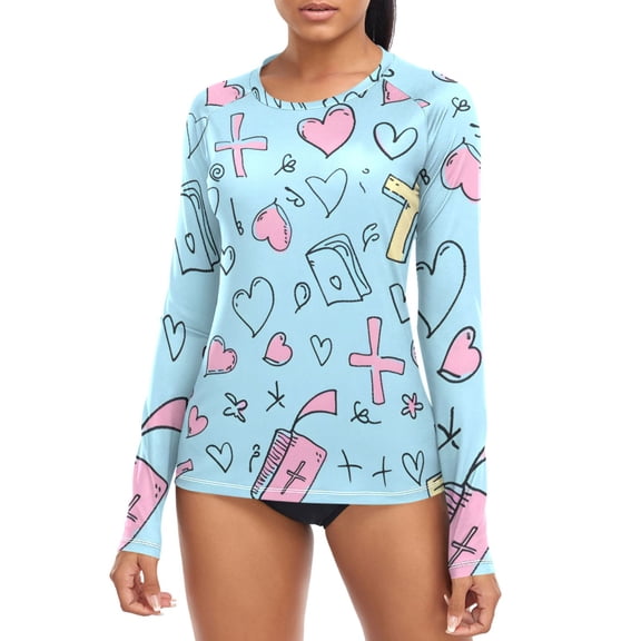 Doddle Crosses Bibles Hearts Women's Rash Guard Shirts UPF 50 Sun Protection Clothing Long Sleeve Swim Suits XS