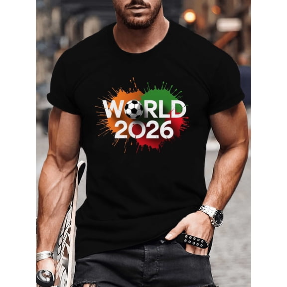 Men's World 2026 Soccer Graphic T-Shirt Retro Football Fan Short Sleeve Tee Athletic Sportswear Black