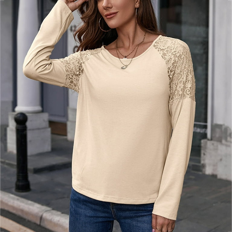 JDEFEG Casual Women Women's Casual Loose Top Shirt Round Neck Solid Tops  Shirt Soft Long Sleeve Base Layer Top Casual Lace Blouse T-Shirt Ladies  Loose