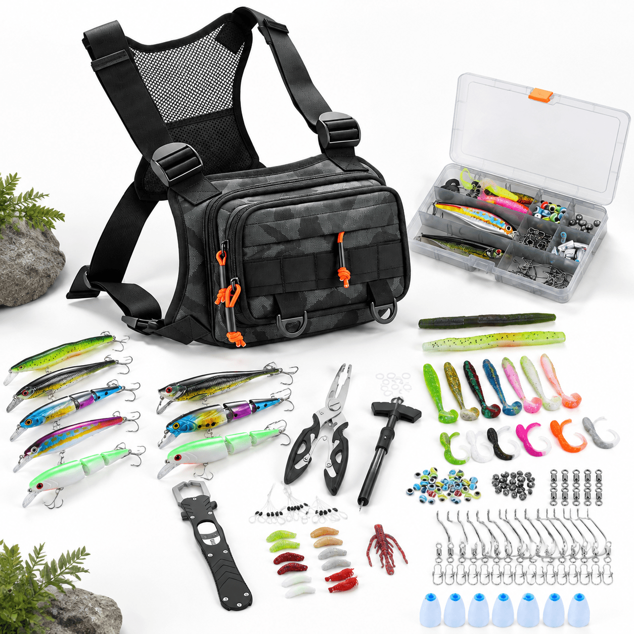Green Fishing Chest Pack Tackle Bag with Lures Kit and Tools