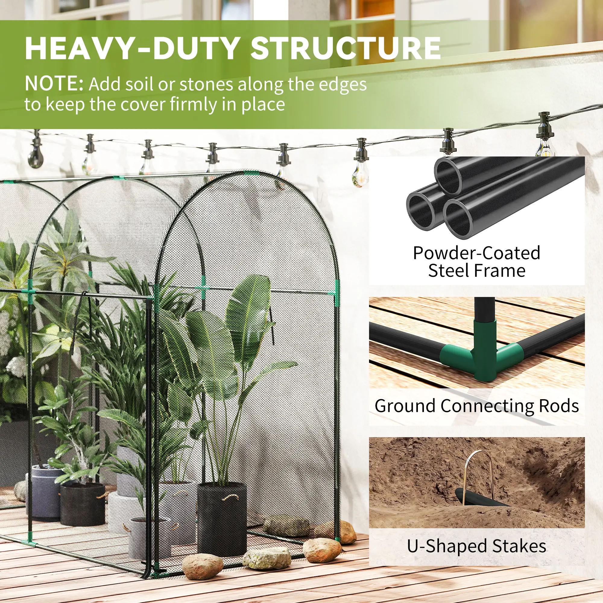Plant Protector Crop Cage, HDPE Mesh Cover, Powder-Coated Steel Frame, Roll-Up Zippered Door, with U-Shaped Stakes for Vegetables & Climbing Crops