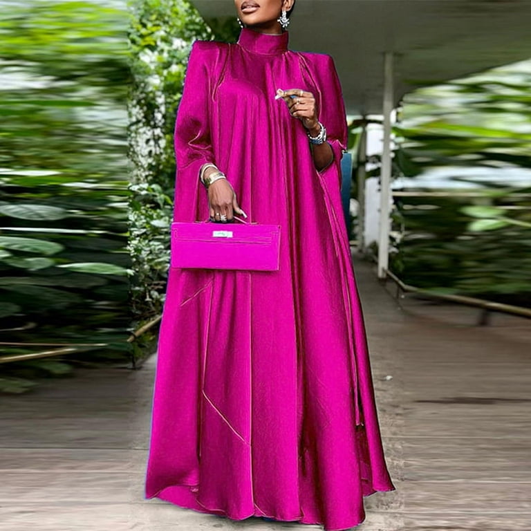 vonda lady dress VONDA Women Elegant Long Bat Sleeve Stand Collar Evening Party Pleated  Casual Solid Loose Long Dress