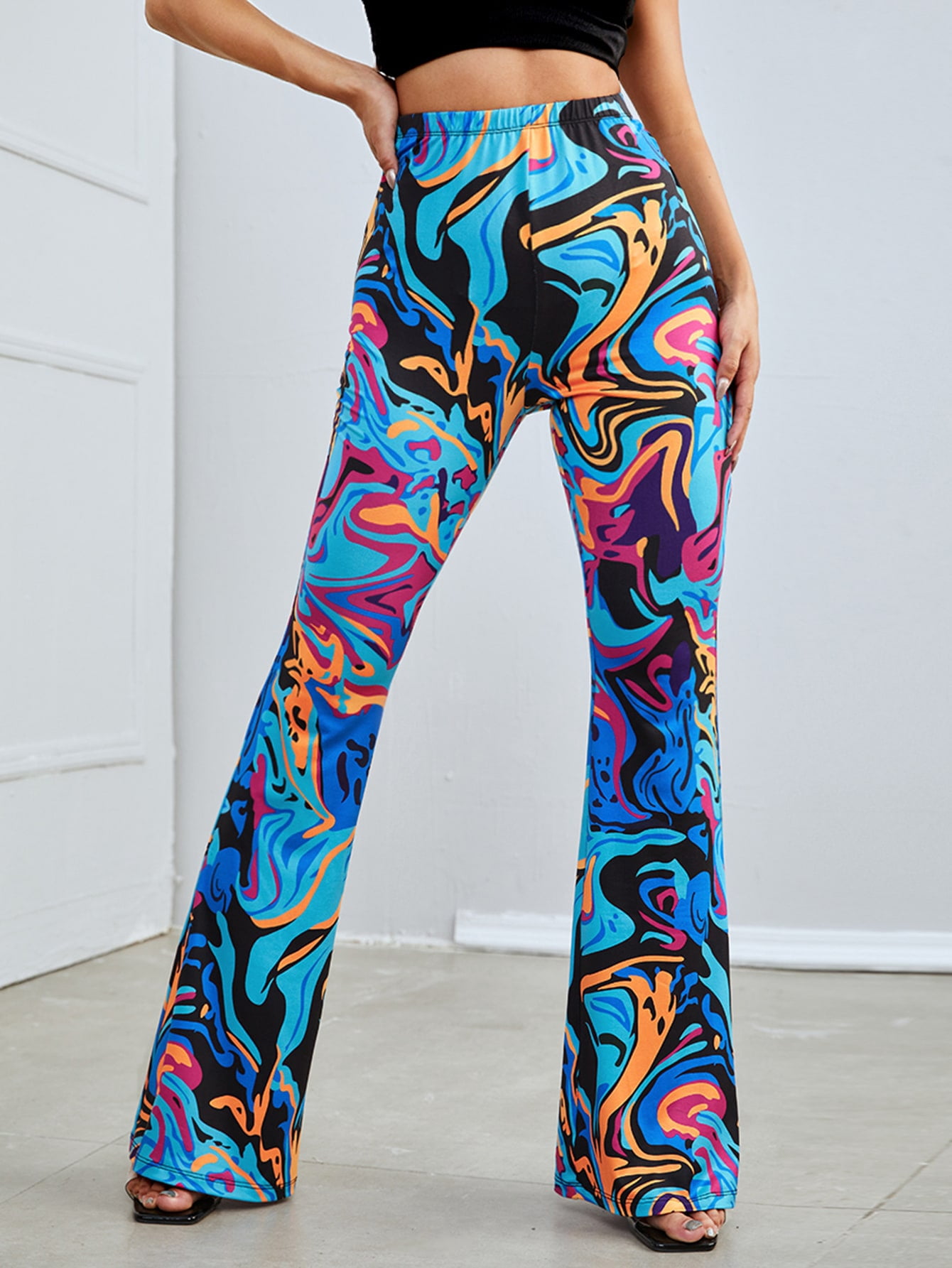 Women's Marble Print Flare Leg Pants 