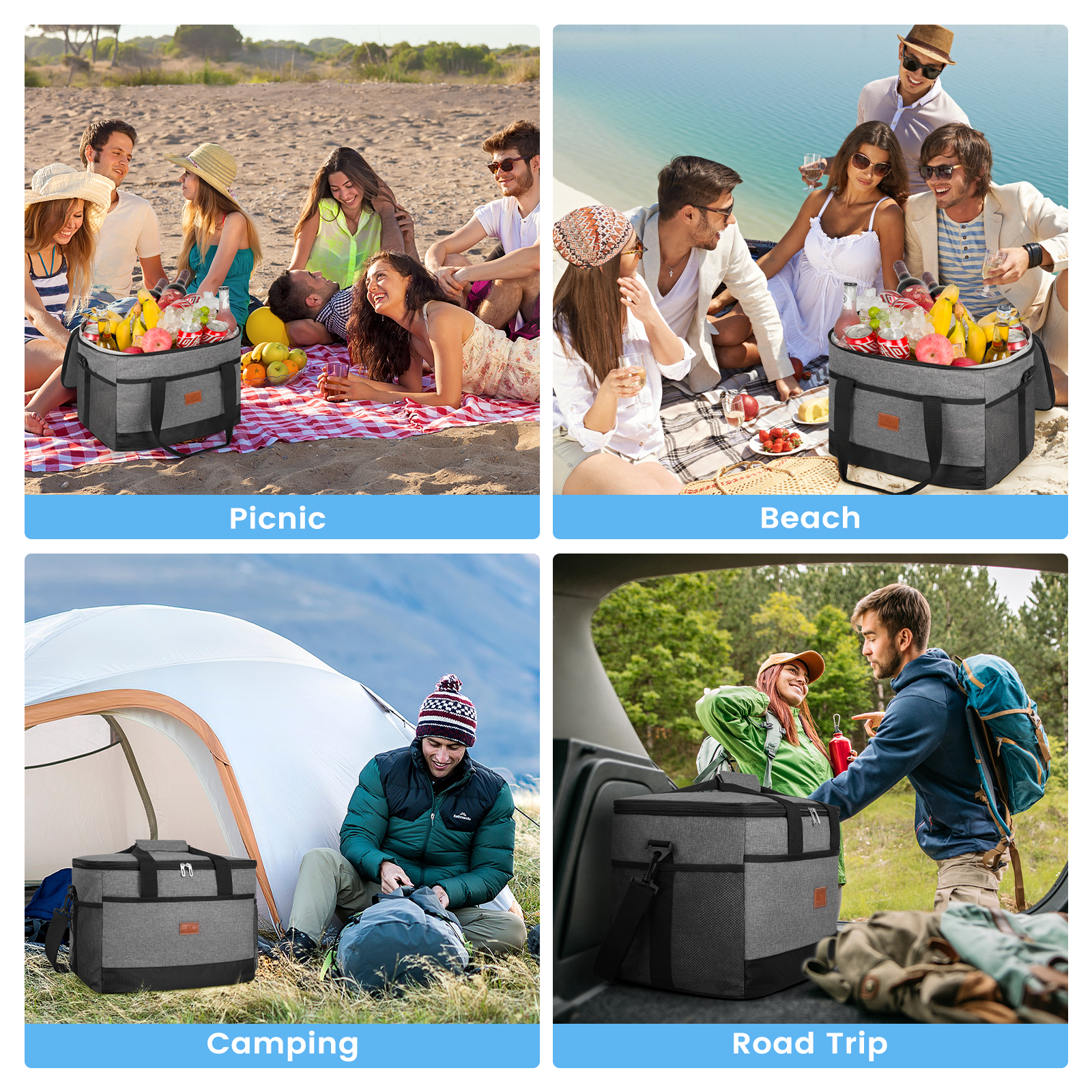 Cshidworld Cooler Bag 48 Cans Collapsible Soft Cooler Large Insulated Soft Sided Cooler Bag, 35L Insulated Bag Portable Ice Chest Box for Lunch Drink Beverage Beach Travel Camping Picnic, Gray