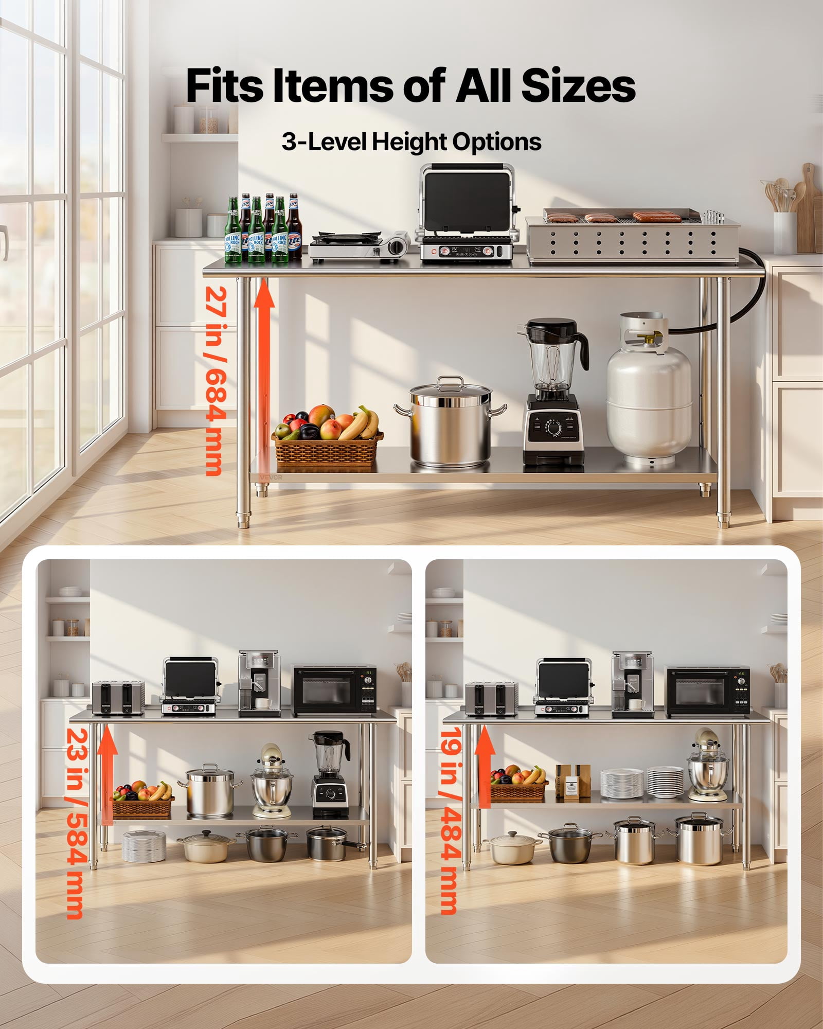 VEVOR Stainless Steel Work Table, 24x72 Inch Food Prep Table with Backsplash, Commercial Kitchen Workstation with Adjustable Undershelf, Metal Heavy Duty Utility Worktable, for Restaurant Home