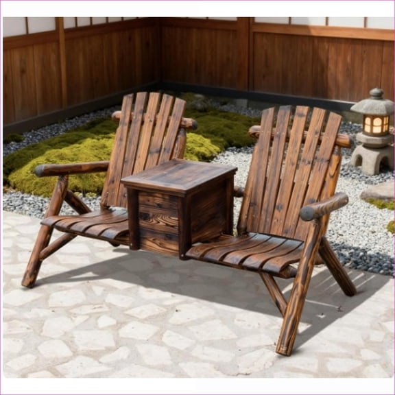 Outdoor Double Adirondack Loveseat | 2-Person Patio Chair for Fire Pit Porch | With Center Ice Bucket | Solid Wood | Rustic Brown