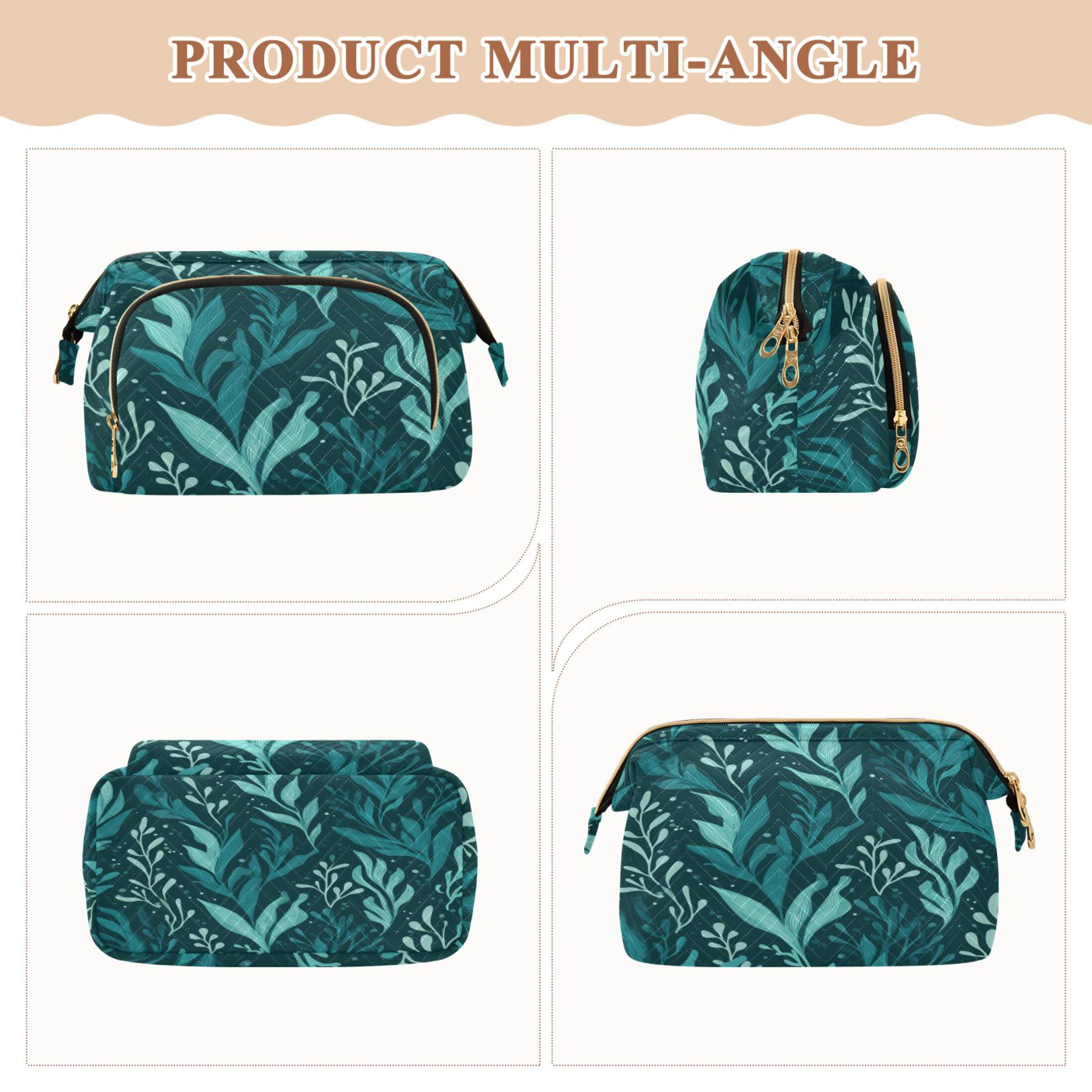 Wavy Quilted Cosmetic Bag Large-Capacity Travel Toiletry Organizer Includes 9-Piece Portable Travel Bottle Set Dark Green Seaweed