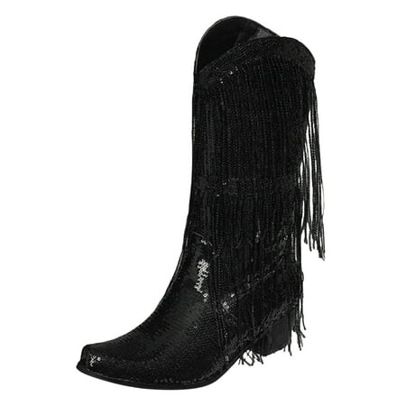 

Womens Boots Womens Mid Calf Boots Fashion Leather Fringe Boots Pointed Toe Square Heel Slip On Booties Mid Calf Boots for Women