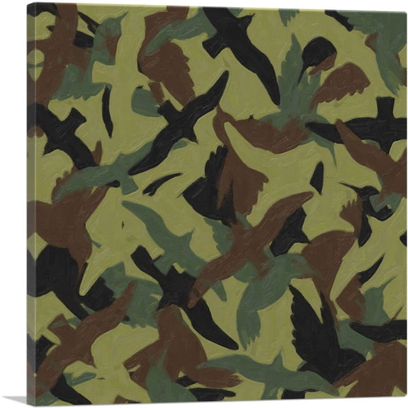 ARTCANVAS Army Green Brown Black Camo Camouflage Bird Pattern Canvas Art Print - Size: 18" x 18" (0.75" Deep)
