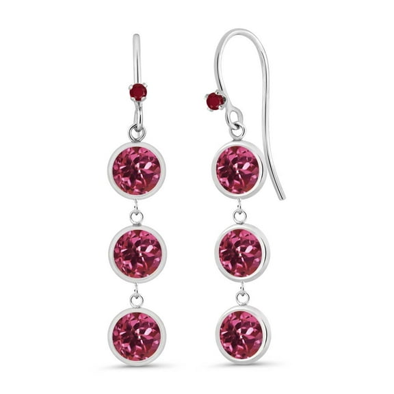 Gem Stone King 925 Sterling Silver Round Pink Tourmaline and Red Ruby 3 Stone Earrings for Women (3.04 Cttw, Gemstone October Birthstone, 1 inch)
