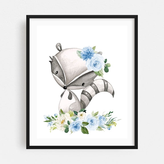 Raccoon, Forest Animals, Woodland Animals, Boho, Blue Flowers, Boy Nursery - Illustration Animal Watercolor Floral Woodland Whimsical Botanical Black Framed Wall Art Print 16 x 20 inches
