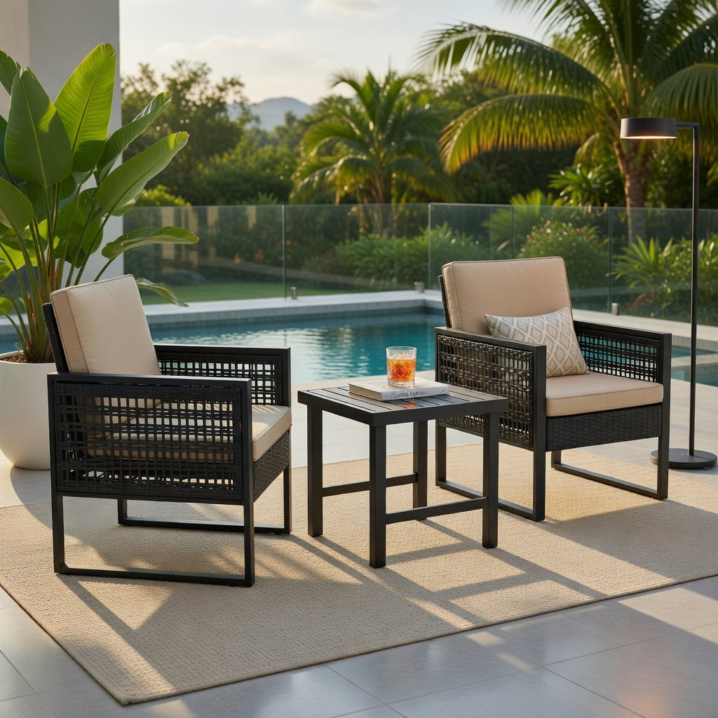 Hommoo 3-Piece Outdoor Rattan Bistro Set with Cushioned Sofas & Coffee Table, Steel Frame, Weather-Resistant Wicker, Adjustable Feet for Patio, Backyard, Porch & Poolside, Brown and Black