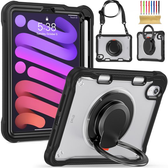 Silicone Case for iPad mini 6th Gen 8.3" 2021, Heavy Duty 360° Ring Stand with Shoulder Strap Pen Holder Translucent Hard PC Back Case Cover for iPad mini 6th Gen 8.3" 2021, Black