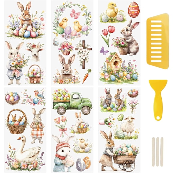6PCS Easter Theme Rub On Transfer Stickers, Animals Flowers Transfer Decals Rabbit Egg Theme Stickers for Furniture Scrapbooking, 15 * 30cm