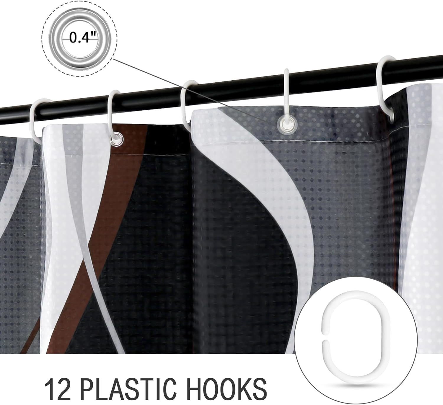 Brown Shower Curtain, Black and Grey Abstract Modern Bathroom Decor, Waffle Weave Textured Fabric Shower Curtain Set with Hooks, 72x72