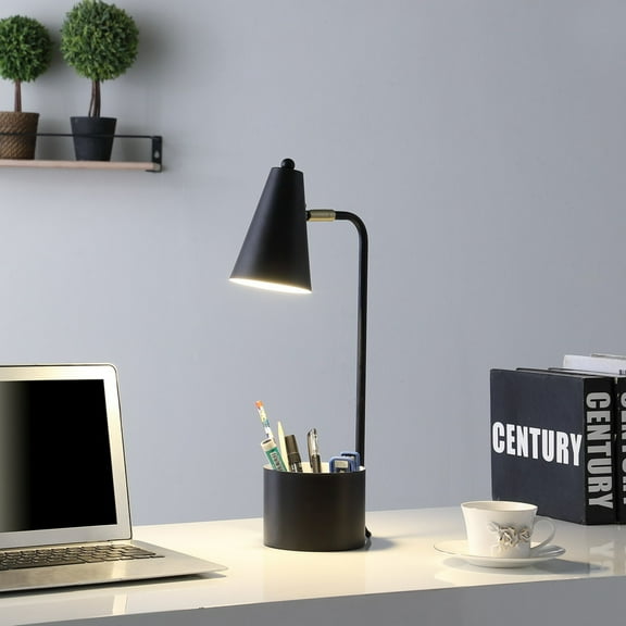 Noble House 19.5" Student Task Desk Lamp, Modern Metal Base with Organizer, Cone Shade, E26 Socket, Black