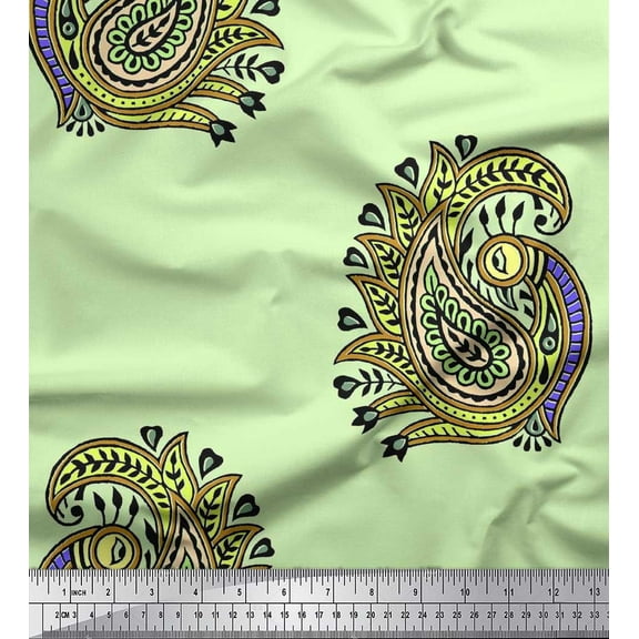 Soimoi Polyester Crepe Fabric Peacock Block Print Fabric by Yard 42 Inch Wide