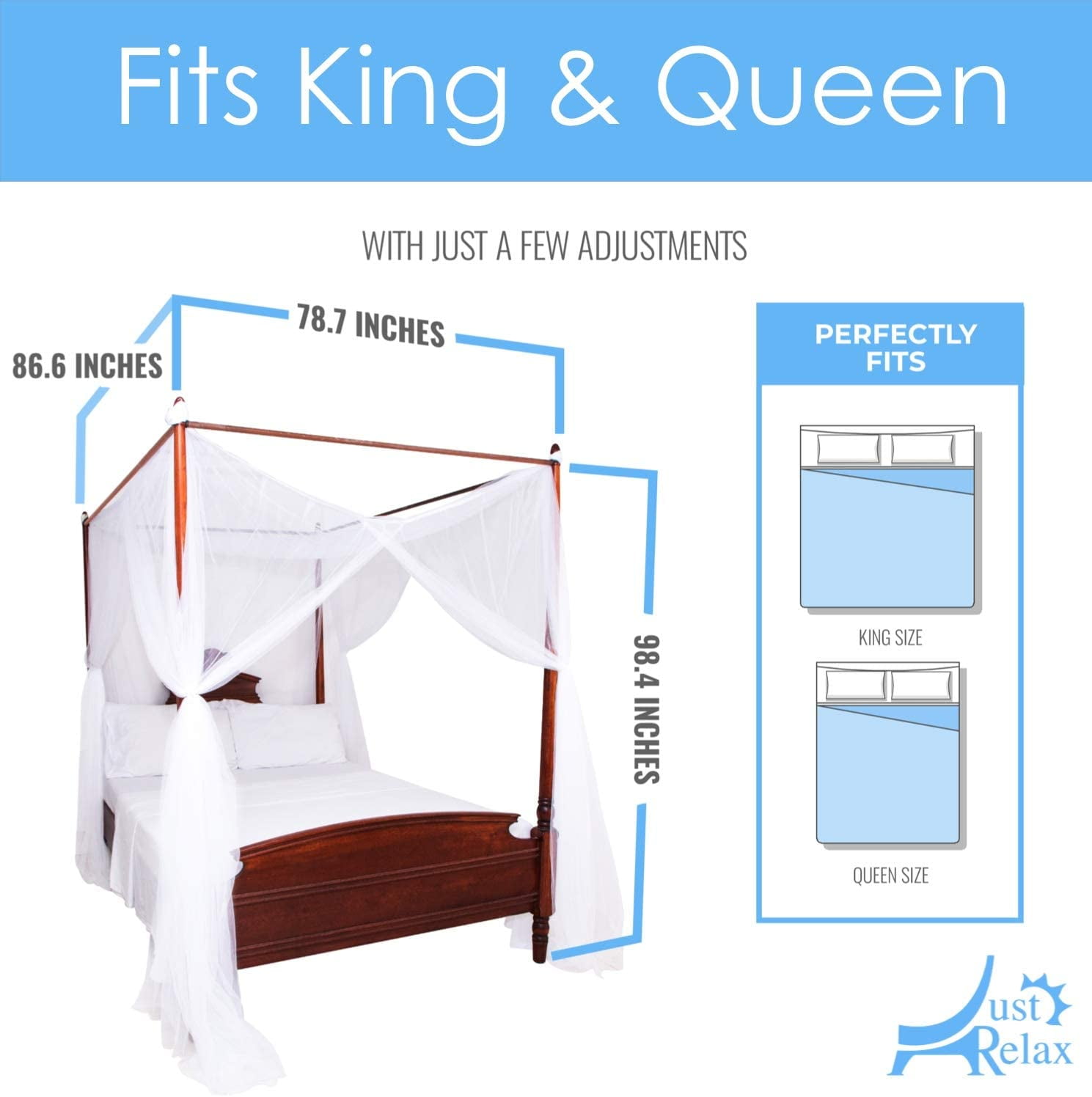 Four Corner Post Decorative Elegant Bed Net Canopy Set, White, Full/Queen/King, 86.6x78.7x98.4 Inches