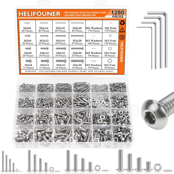HELIFOUNER 1280 Pieces M2 M3 M4 M5 304 Stainless Steel Button Head Socket cap Metric Screws Bolts Washers Nuts Hardware Assortment Kit with Hex Wrenches