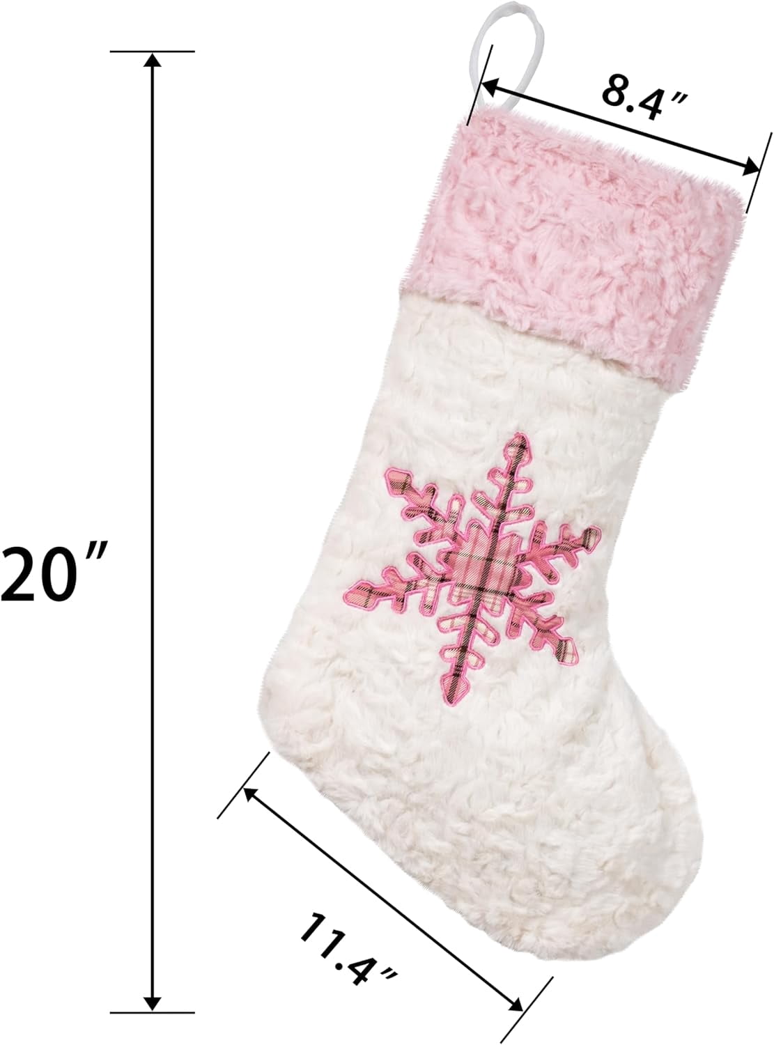 Miora Pink Plush Christmas Stockings, 20 Inch Holiday Hanging Decor Set of 6, Classic Plaid Fireplace Sacks