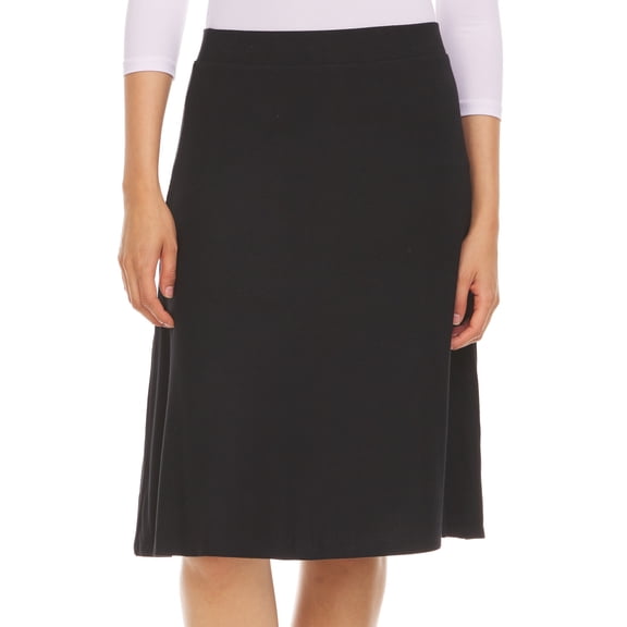 BGDK Women's Basic Plain Thin Lightweight Stretchy Ribbed Knit Knee Length A-Line Skirt Black Large