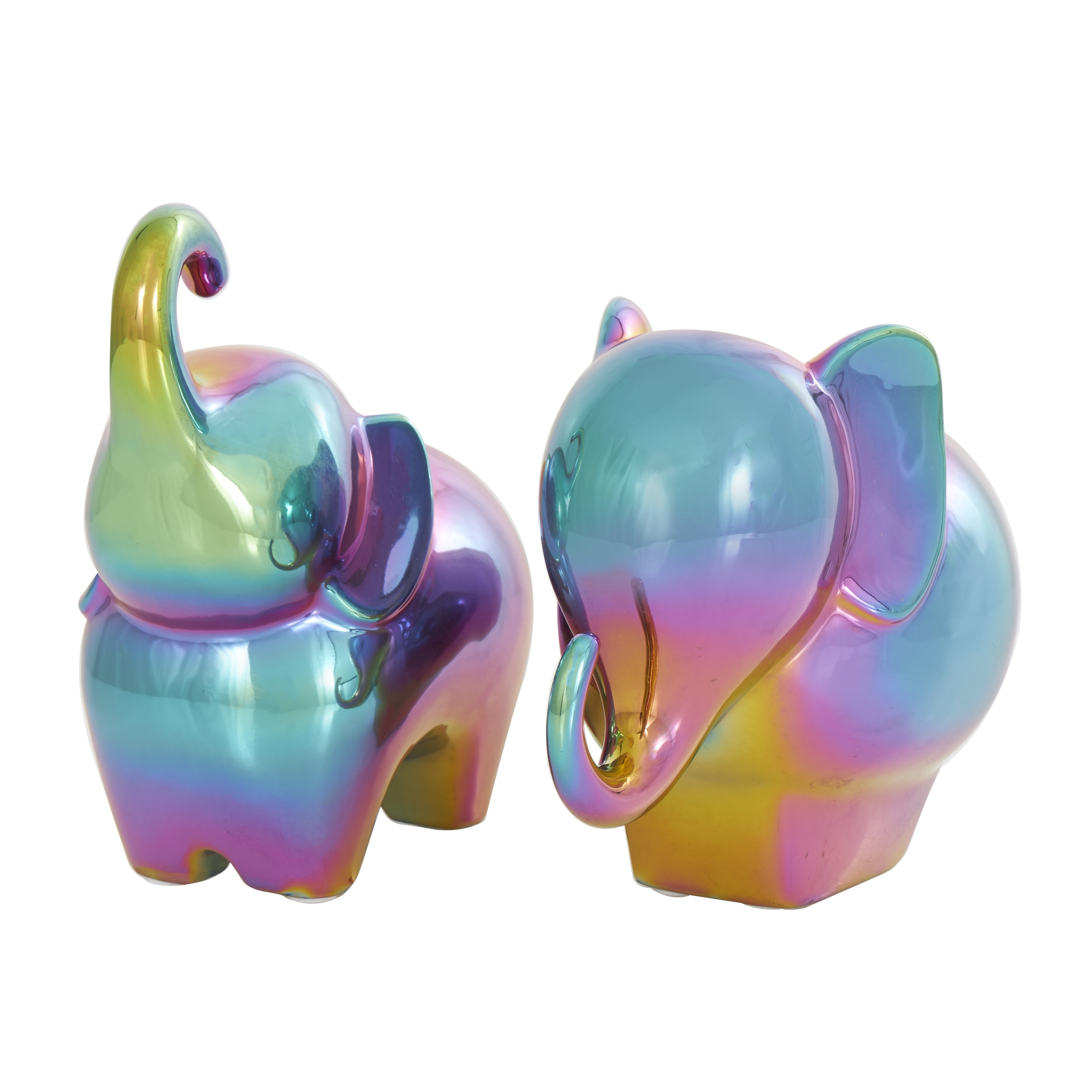 6", 7"H Multi Colored Ceramic Elephant Sculpture with Rainbow Shimmer Finish, by DecMode (2 Count)
