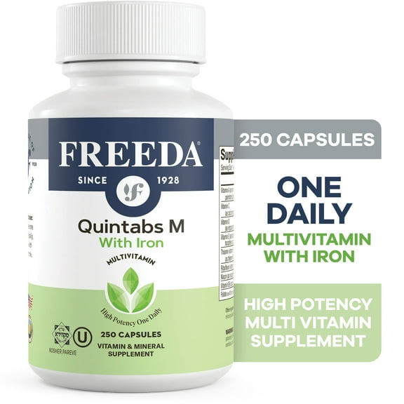 Freeda Quintabs-M with Iron – One Daily Multivitamin for Women & Iron-Deficient Men – 250 Capsules