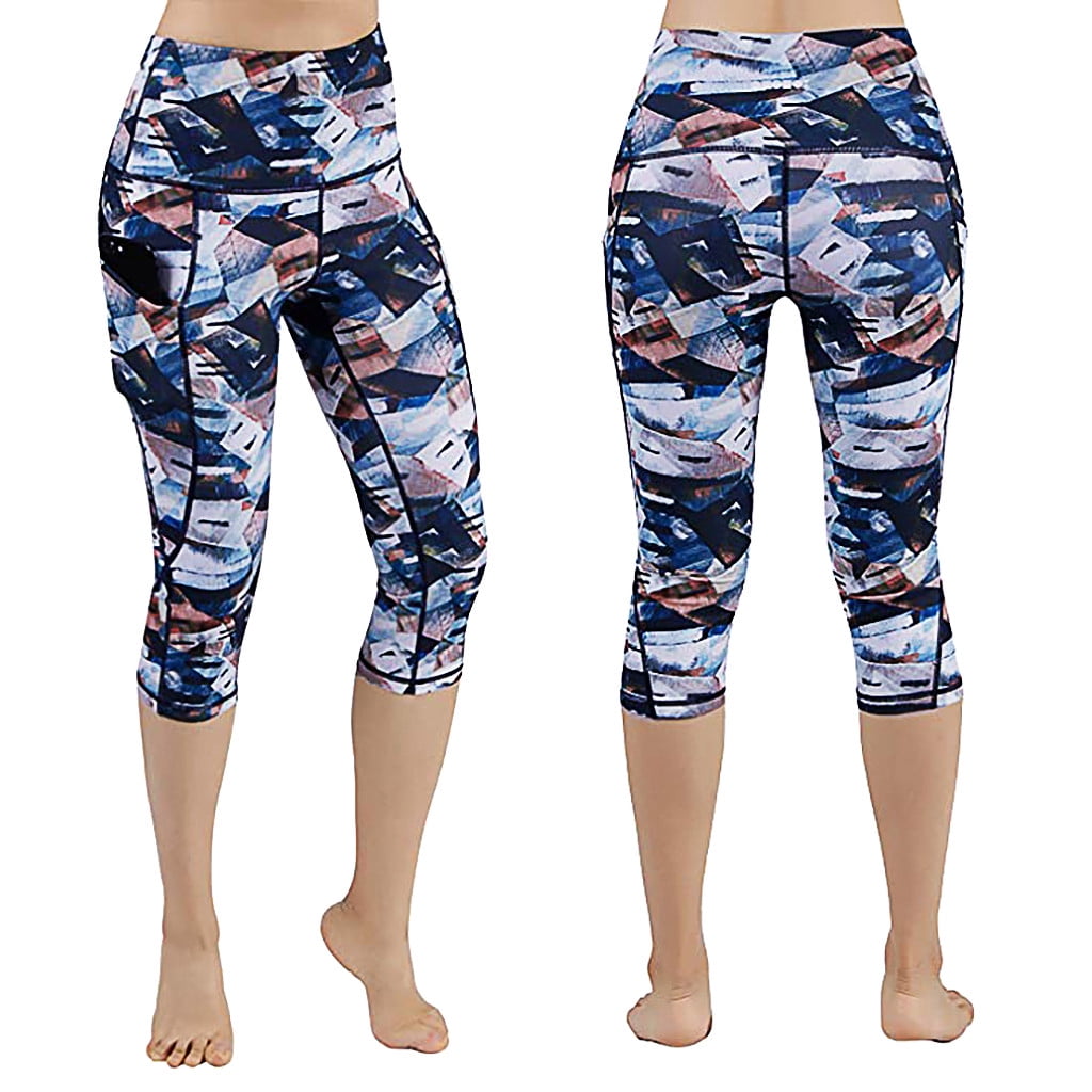 MRULIC yoga pants Women's Printed Pockets High Waist Hip Running