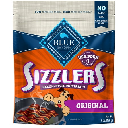 - Blue Buffalo Sizzlers Bacon-Style Soft-Moist Dog Treats, Original Pork Recipe, 6-oz bag