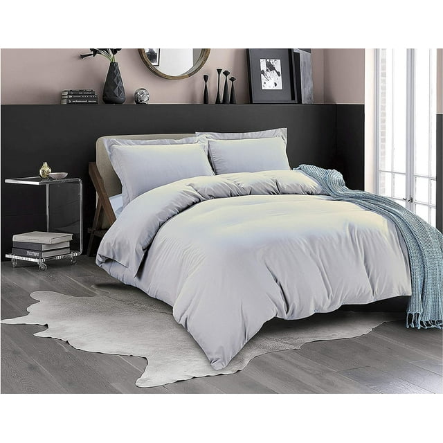 Mocassi 3-Piece Duvet Cover Set, 1800 Thread Count, Button Closure, Solid Color - Cooling, Breathable Material- Wrinkle, Fade, Stain Resistant, Full/Queen, Silver