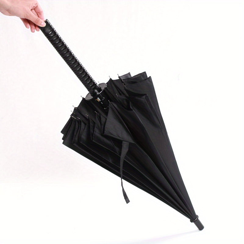 24-Rib Automatic Open Samurai Sword Cane Umbrella - Durable Plastic Handle, Waterproof Nylon Canopy, Stylish Sun & Rain Protectio，Black
