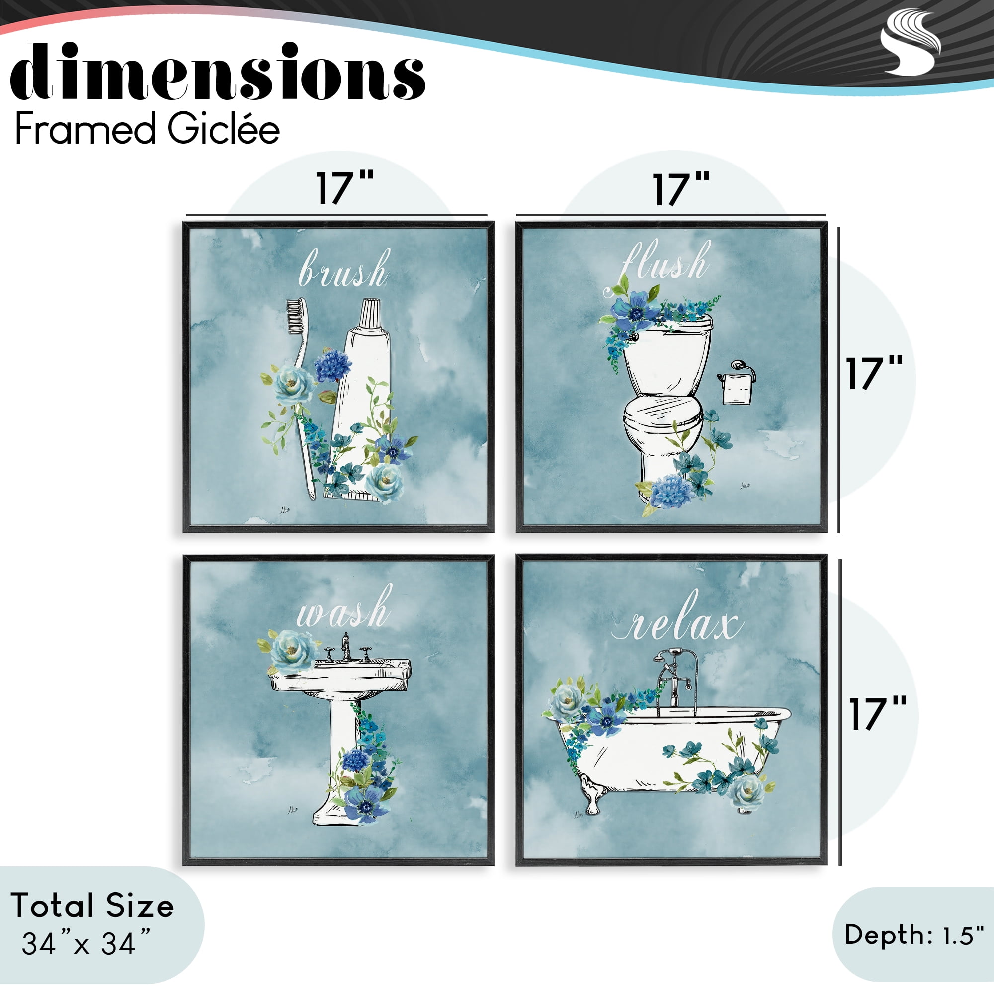 Stupell Industries Blue Floral Bathroom Rules 4 Piece Black Framed Giclee Art Set, design by Nan