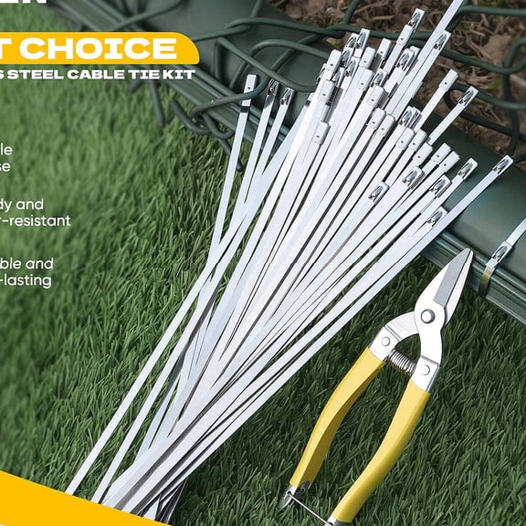 Heavy Duty Metal Zip Ties (With Tie Cutter) - Uv Resistant Stainless Steel, 11.8 Inch, 50 Pieces, Self-Locking, Suitable For Fixing Fences, Pipes, Etc. Outdoor