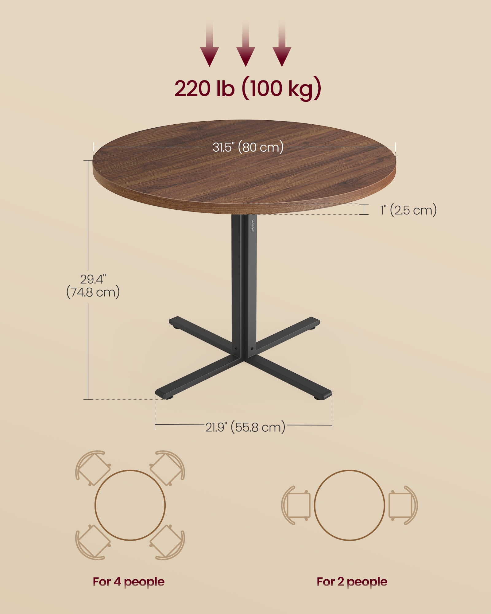 Round Dining Table for 4, 31.5 Inch Small Kitchen Table with Water-Resistant Top, C-Shaped Steel Frame & 220 lb Capacity, Farmhouse Style, Somber Walnut