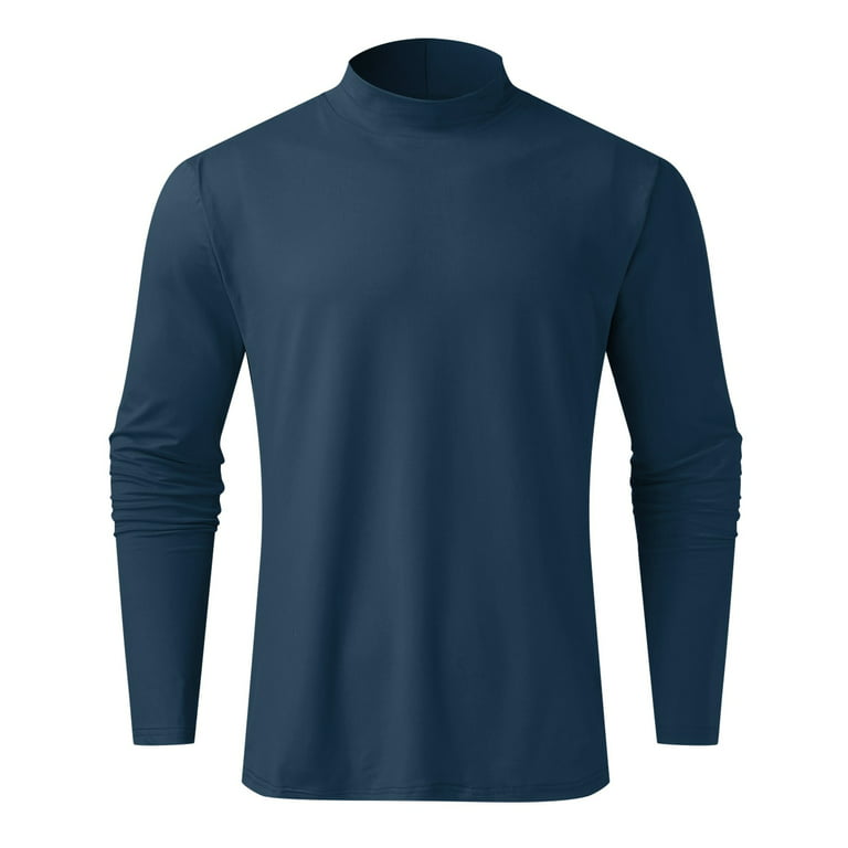 Ploknplq Men's Leisure Compression Shirt Brush Solid Relaxed Fit Hip Length  Turtleneck Long Sleeve Pullover Style Navy L 