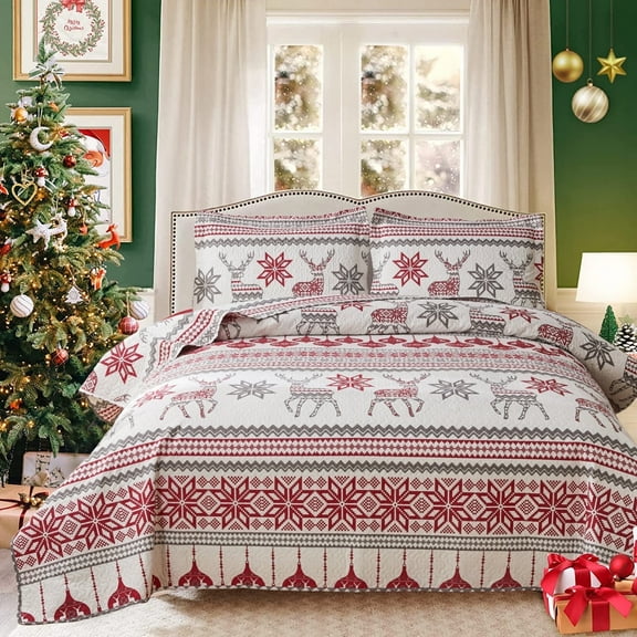 Smuge Christmas Red Gray Snowflake Bedding Sets Twin Size Reindeer Quilt Sets Lantarn Bedspread Coverlet Set with 2 Pillow Shams