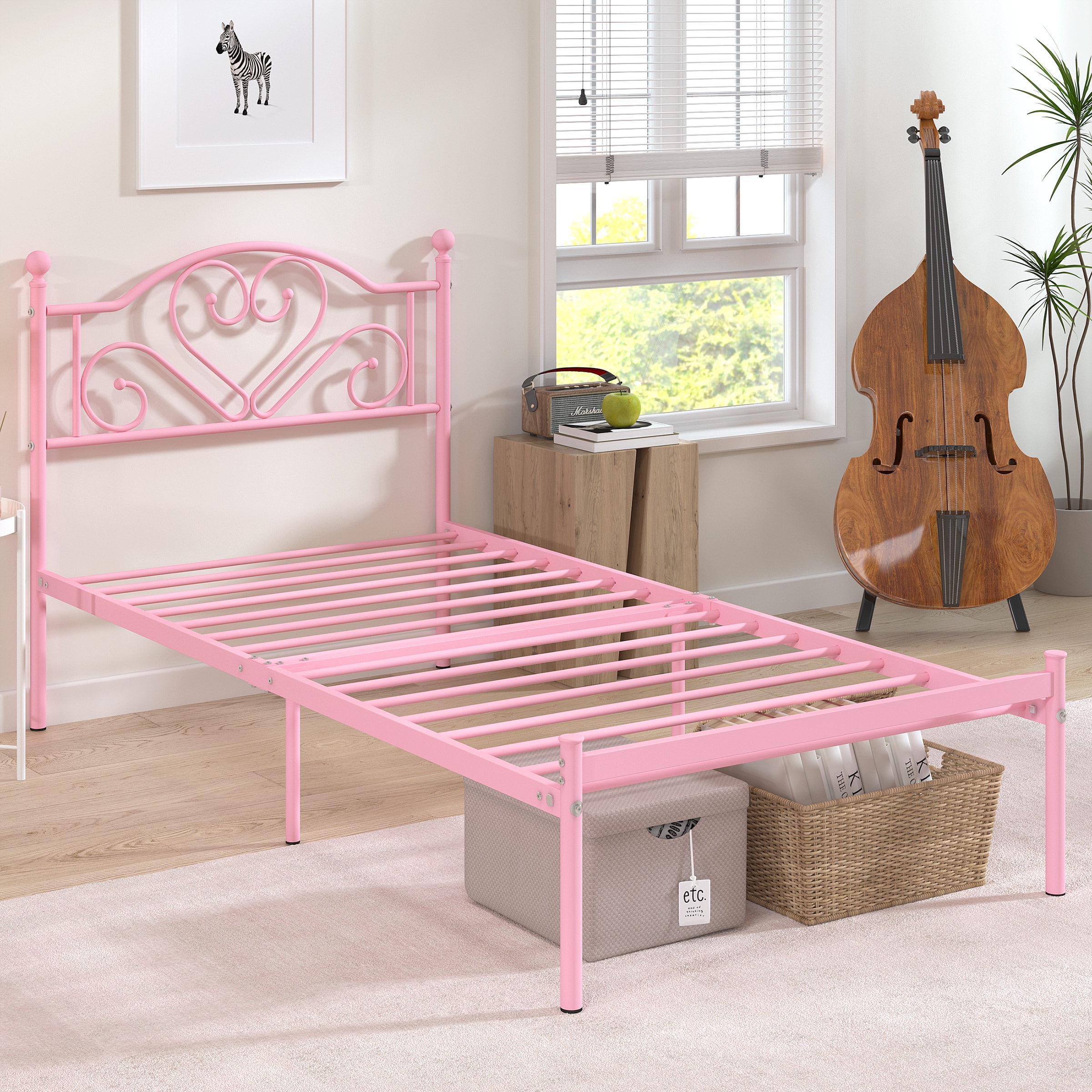 Yoneston 12” Twin Heavy Duty Metal Platform Bed Frame with Love-Heart Shape Headboard for Girls Bedroom Furniture, Pink