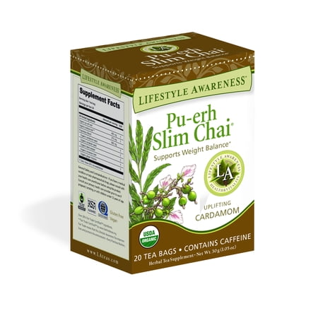 Old Tree Pu Erh Tea - Lifestyle Awareness Pu-erh Slim Chai Tea with Uplifting Cardamom, Contains Caffeine, 20 Tea Bags, Pack of 6