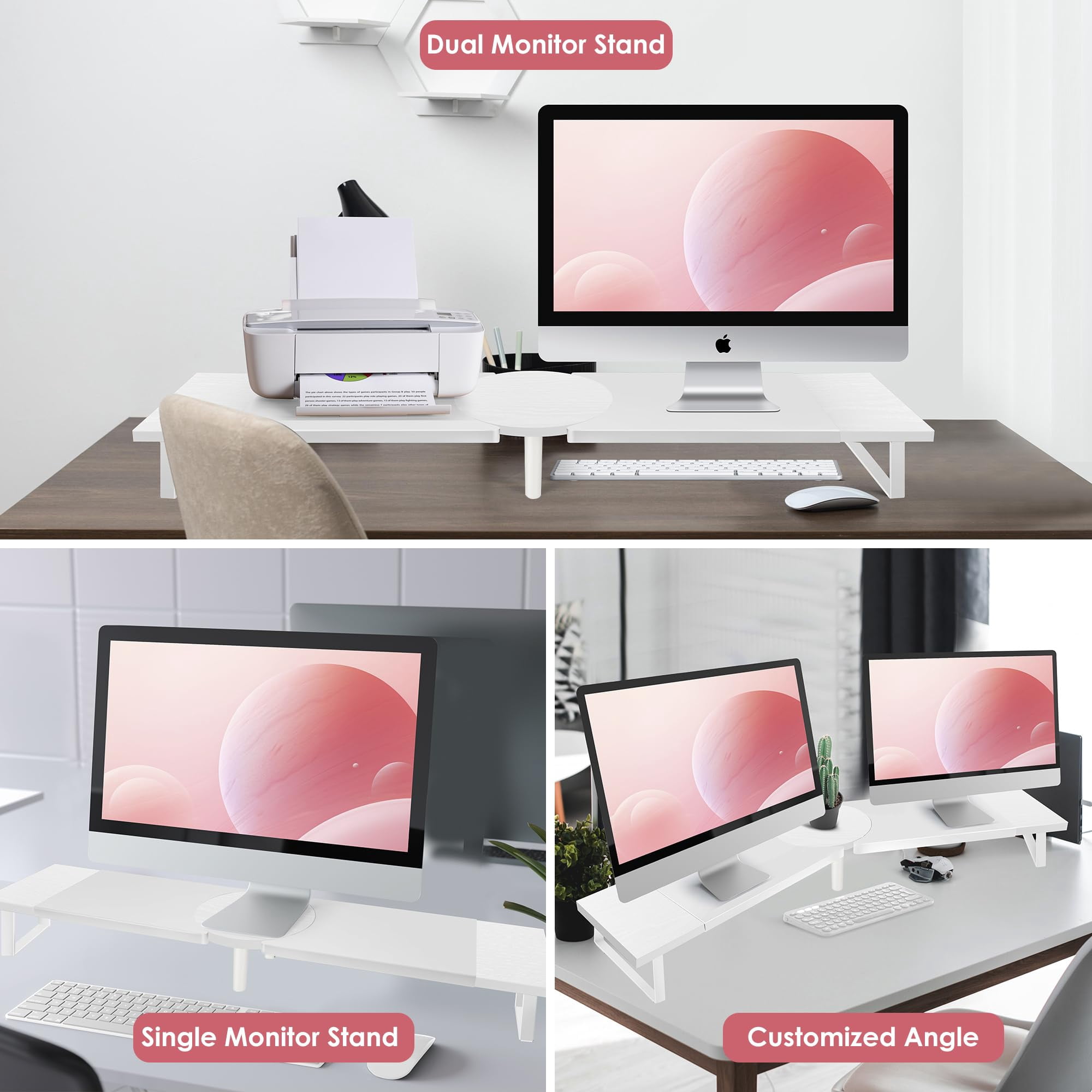 Dual-monitor Stand For Desk - Large Adjustable Length And Angle Riser 2 Monitors  Double Computer Desktop Organizer Shelf Tv Laptop Printer
