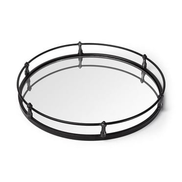 24 in. Mirrored Glass Bottom Round Tray with Natural Finish Metal, Silver