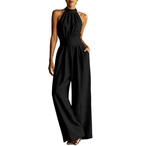 AJGRHE Women's Elegant Halter Jumpsuit Summer Cut Out Wide Leg Dressy Casual Romper Sleeveless Neck Jumpsuit Loose Wide Leg Elegant Waist Cinching Piece Black XXL