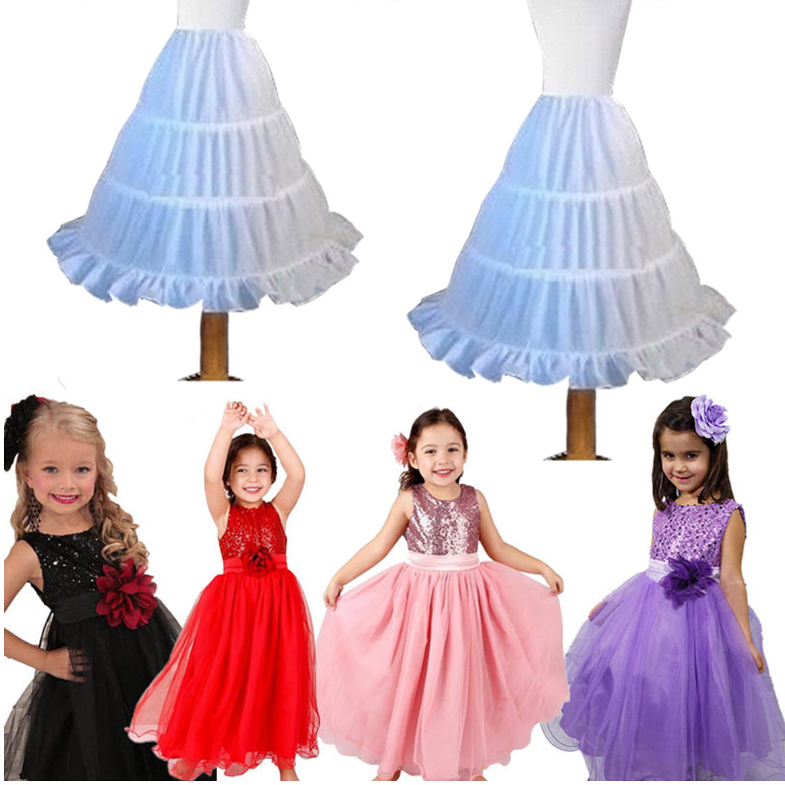 Noriviiq 2-14Age Kids Dress Hoop Ankle Length Flower Girl 3 Hoop Petticoat Skirt 
