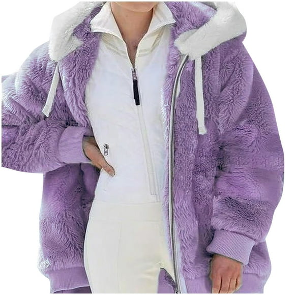 Juebong Winter Fleece Jacket for Women Zipper Up Hooded Coats Thermal Long Sleeve Sherpa Sweatshirts Casual Outwear Coat Jackets for Women Plus Size Clearance