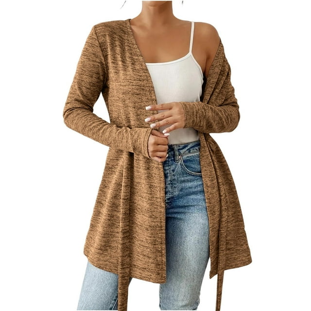 Womens Long Cardigan Lightweight Knitted Sweaters Lace-up Long Sleeve Open Front Sweater Coat
