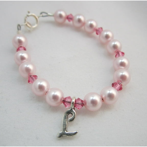 Pink European Pearls Pink Clear Crystals and Sterling Silver Script Initial Beaded Bracelet (BPSIP)