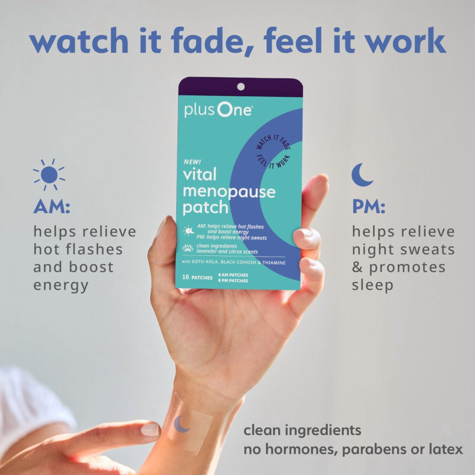 plusOne Vital Menopause Patches, AM for Hot Flash Relief, PM for Night Sweats Relief, 16 Count