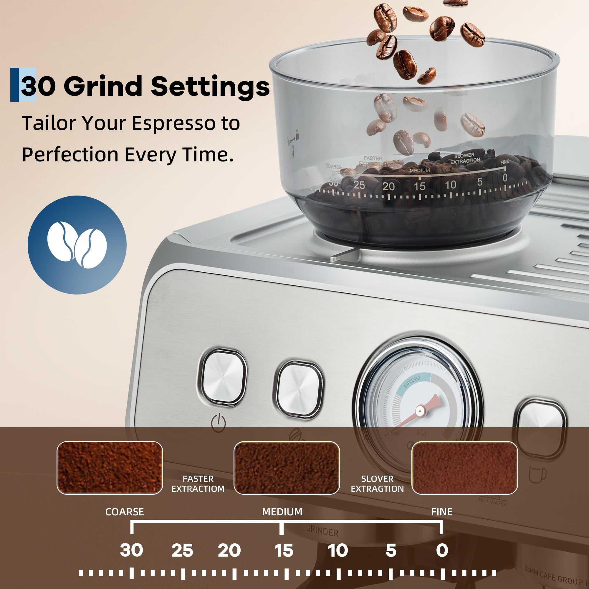 20 Bar Pressure Stainless Steel Espresso Machine with Grinder, Milk Frother Steam Wand for Latte/Cappuccino - Adjustable Shot Volume, Professional Home/Office Use