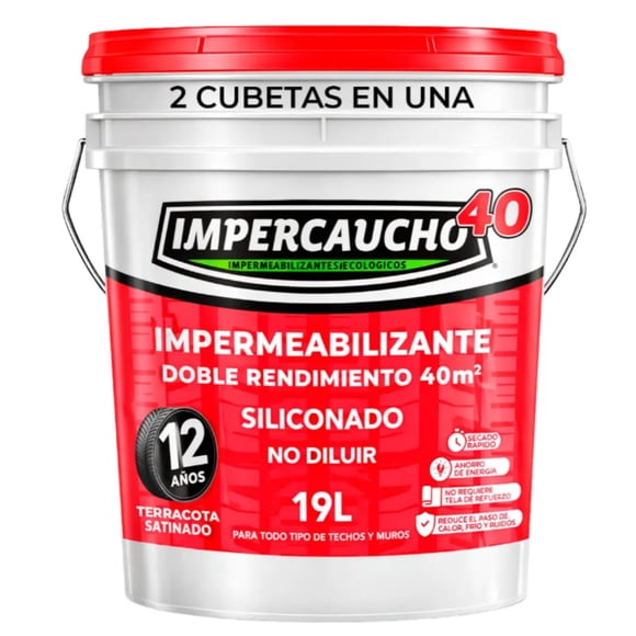 Impermeabilizante Impercaucho Siliconado y Mejorado 40m2 a Dos Manos 12A Terracota 19L